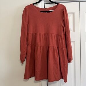 Umgee Long Sleeved Mid Length Tiered Brick Red Dress Size Small